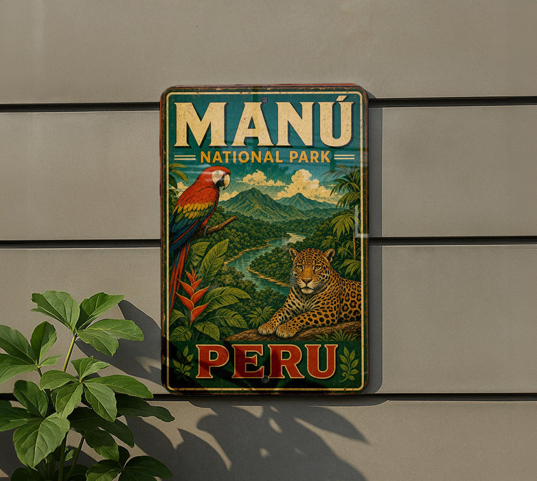 a vintage-style sign for the Manu National Park in Peru, depicting a parrot and a jaguar in a lush, tropical setting.