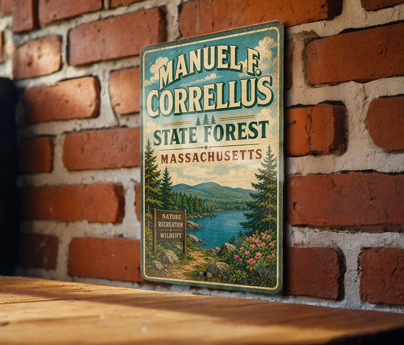 A vintage-style metal sign with the text "MANUEL F. CORRELLUS STATE FOREST MASSACHUSETTS NATURE RECREATION WILDLIFE" is displayed on a brick wall.