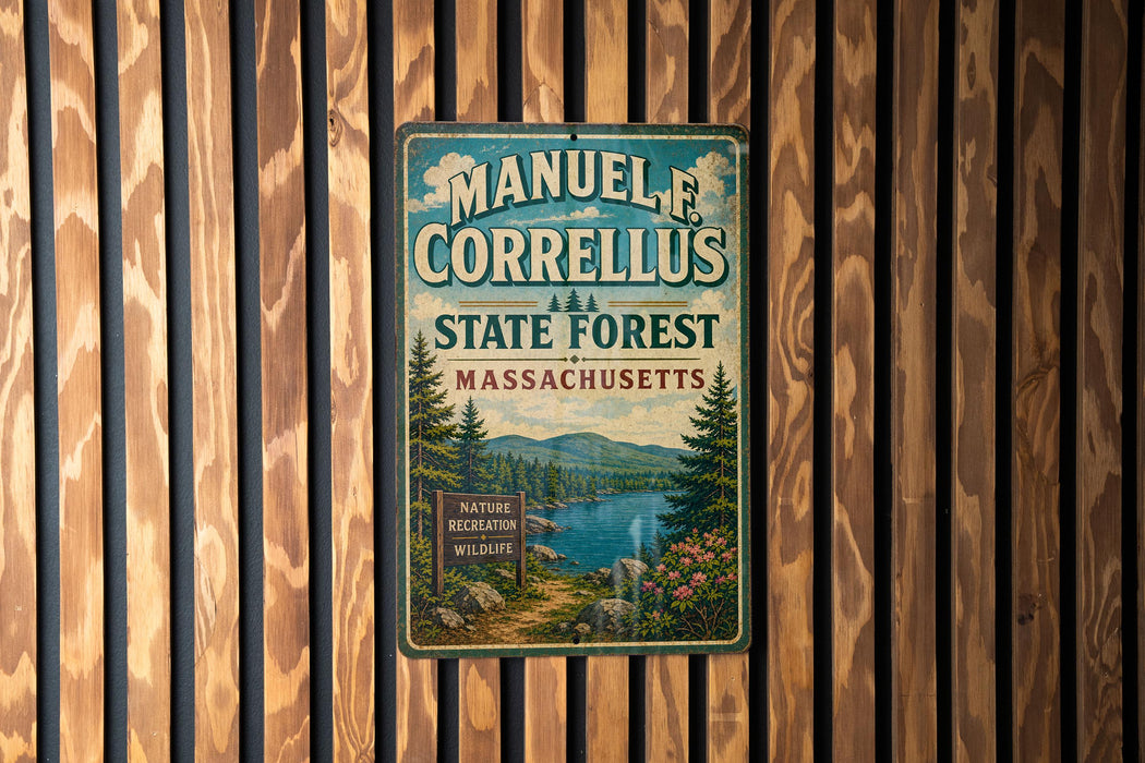 A vintage metal sign for the Manuel F. Correllus State Forest in Massachusetts, featuring a scenic landscape with pine trees, a lake, and mountains.