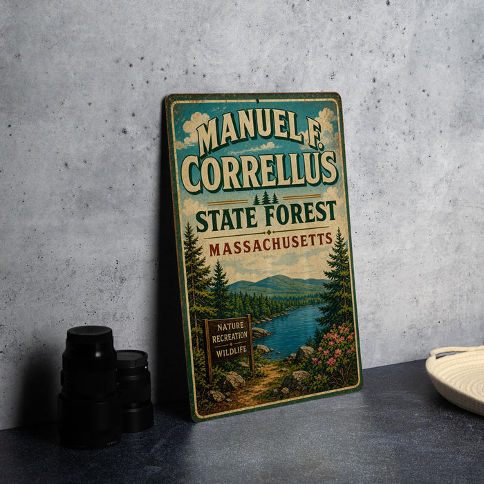 A vintage metal sign for the State Forest in Massachusetts, featuring a scenic landscape with pine trees, a river, and mountains.