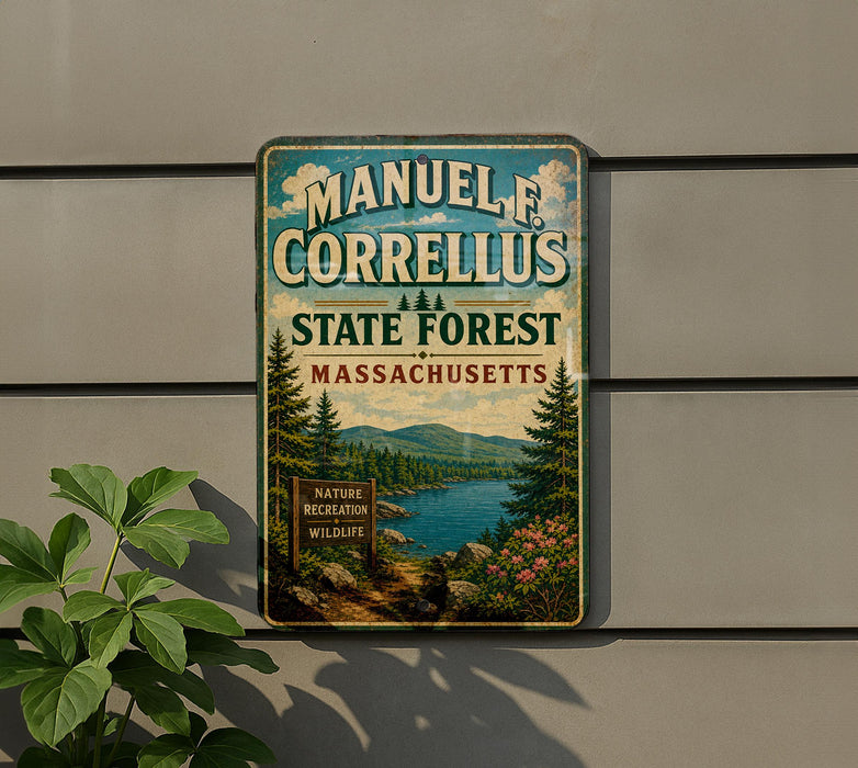 A vintage metal sign for the Manuel Correllus State Forest in Massachusetts, featuring a scenic landscape with pine trees, a river, and mountains.