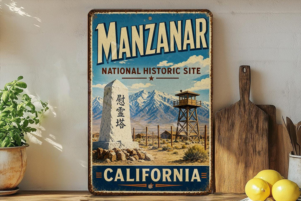 A vintage-style metal sign for the Manzanar National Historic Site in California, featuring a desert landscape with mountains in the background.
