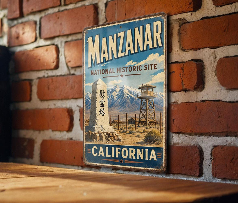 A vintage-style metal sign for the Manzanar National Historic Site in California, featuring a mountain landscape and a tower.