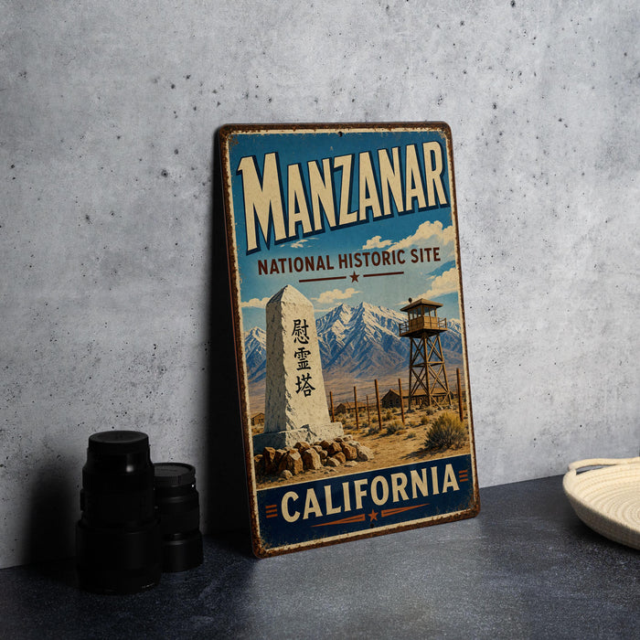 A vintage-style metal sign for the Manzanar National Historic Site in California, featuring a desert landscape with mountains in the background.
