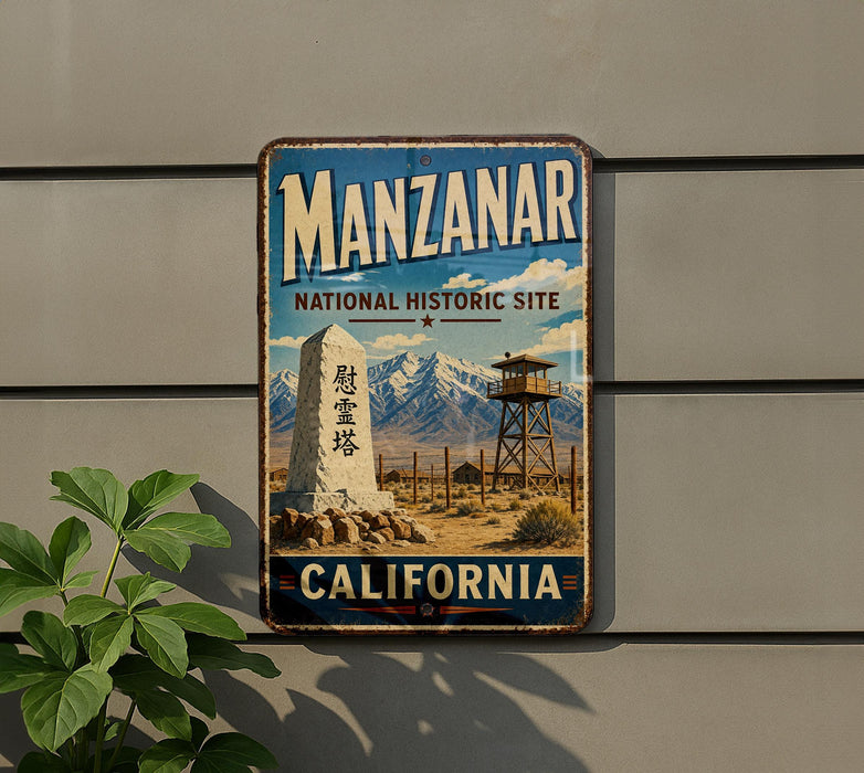 A vintage-style metal sign for the Manzanar National Historic Site in California, featuring a desert landscape with mountains in the background.