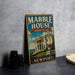 A vintage-style metal sign for "Marble House" in Rhode Island, featuring a large image of the White House and the text "A Nation's Treasure" and "Newport".