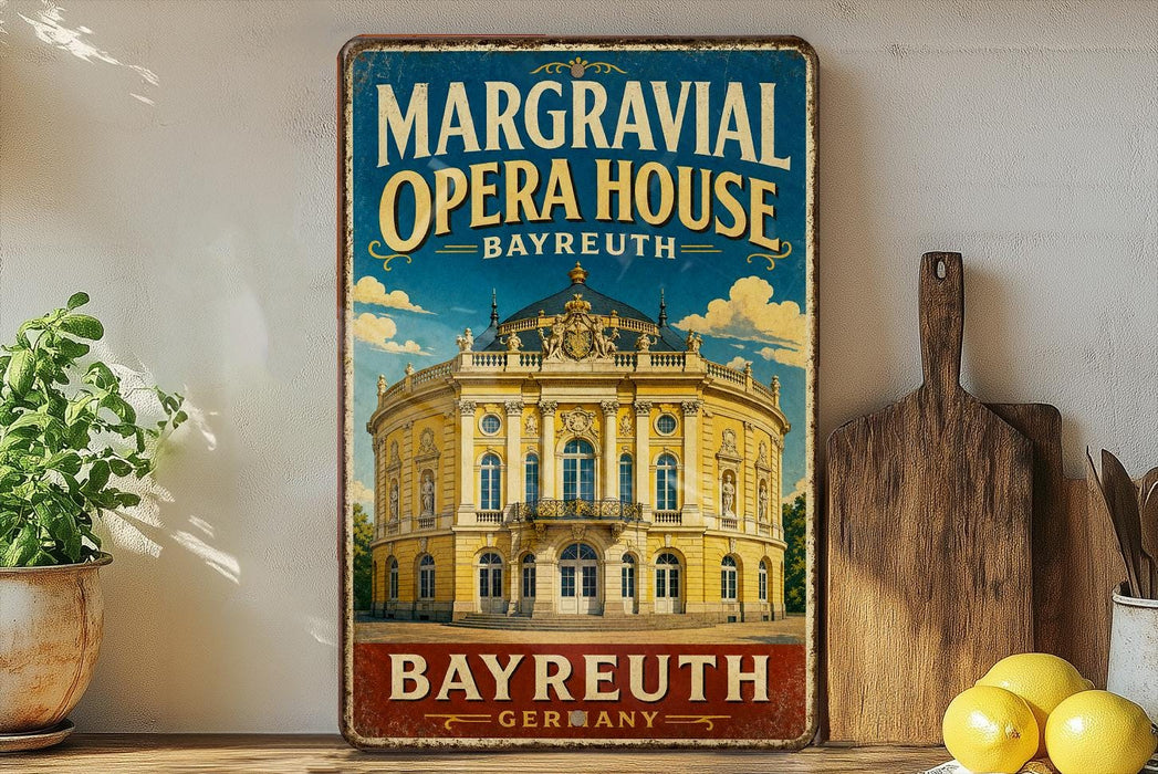 A vintage-style metal sign for the Margravial Opera House in Bayreuth, Germany, featuring an illustration of the ornate building.