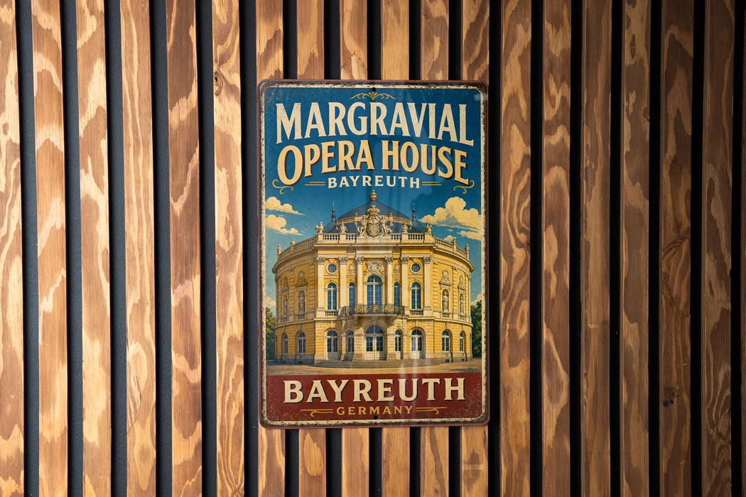 A vintage metal sign for the Margravial Opera House in Bayreuth, Germany, featuring an illustration of the ornate building.