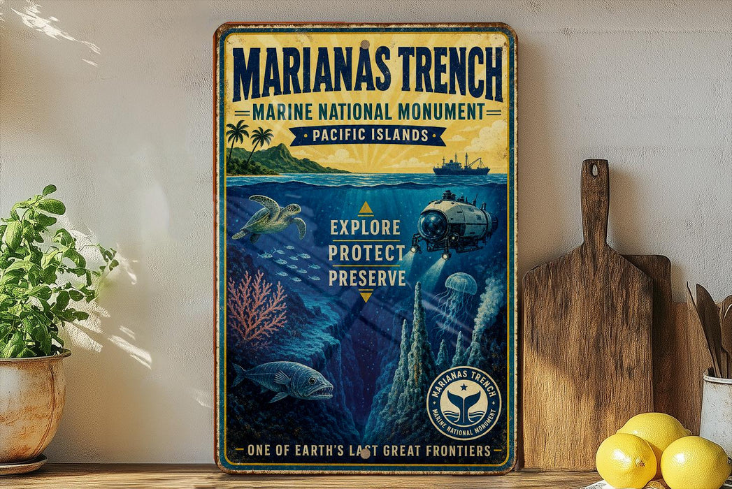 A vintage-style metal sign for the Marianas trench, featuring illustrations of marine life and the text "Marianas trench Marine national monument - Pacific islands - EXPLORE PROTECT PRESERVE".