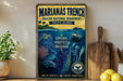 A vintage-style metal sign for the Marianas trench, featuring illustrations of marine life and the text "Marianas trench Marine national monument - Pacific islands - EXPLORE PROTECT PRESERVE".