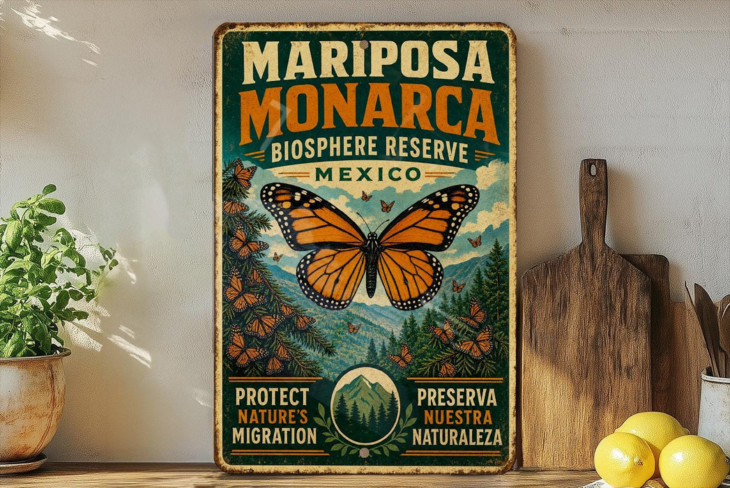 A vintage-style metal sign for the Mariposa Monarca Biosphere Reserve in Mexico, featuring a butterfly and text promoting the conservation of nature and migration.