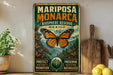 A vintage-style metal sign for the Mariposa Monarca Biosphere Reserve in Mexico, featuring a butterfly and text promoting the conservation of nature and migration.