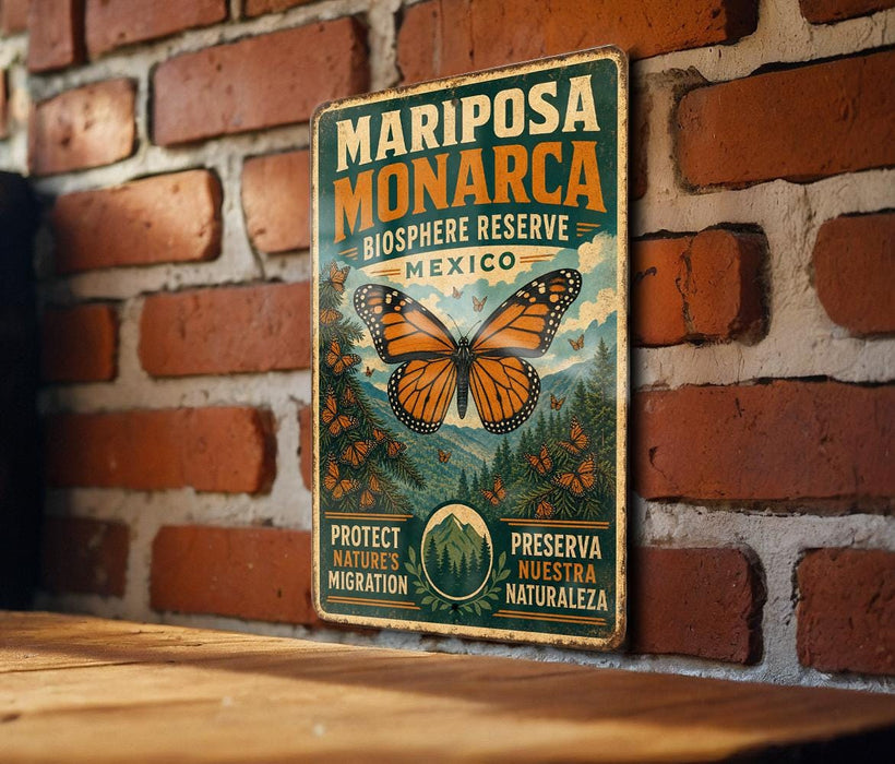 A vintage-style metal sign with a butterfly illustration and text, mounted on a brick wall.