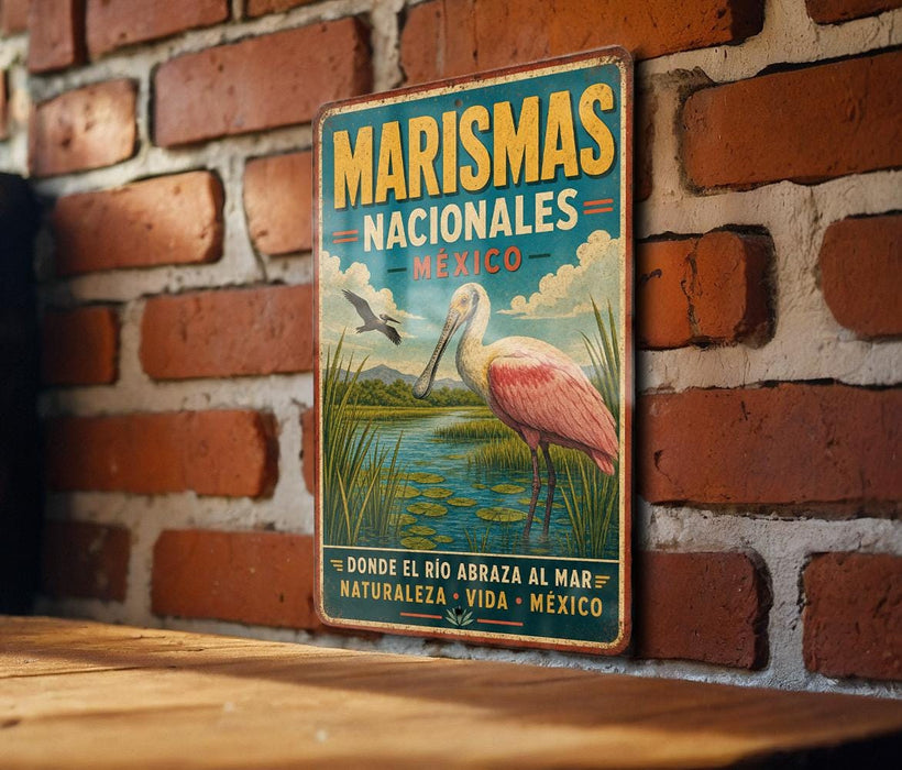 A vintage-style metal sign with a pink flamingo and text in Spanish, mounted on a brick wall.