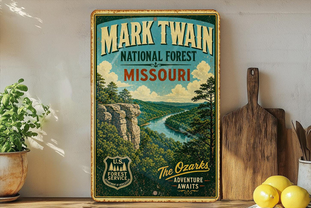 A vintage-style metal sign for the National Forest in Missouri, featuring a scenic landscape with a river and mountains.