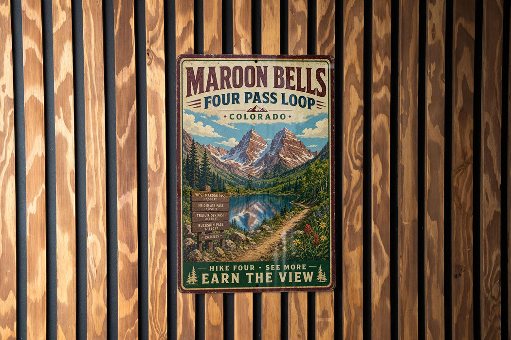 A vintage-style metal sign for Maroon Bells Four Pass Loop in Colorado, featuring a mountain landscape with a lake and trail.