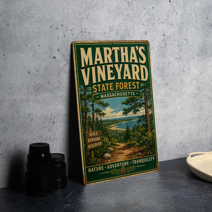 A vintage-style metal sign for Martha's Vineyard State Forest in Massachusetts, featuring a scenic illustration of pine trees and a path leading to a body of water.