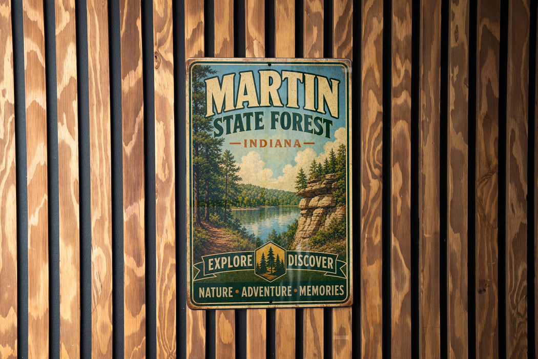 A vintage-style metal sign for Martin State Forest in Indiana, featuring a scenic landscape with a lake and forest.