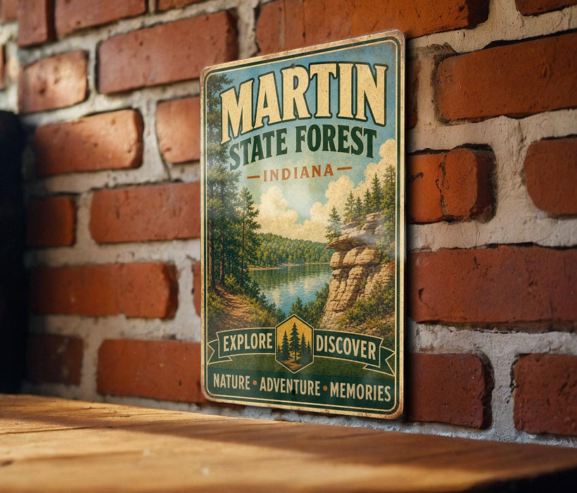 A vintage-style metal sign for Martin State Forest in Indiana, featuring a scenic landscape with a lake and mountains.