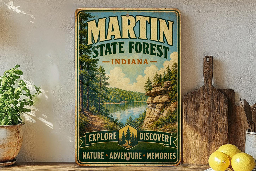 A vintage-style sign for Martin State Forest in Indiana, featuring a scenic landscape with a lake and forest, along with the words "Explore, Discover, Nature, Adventure, Memories".