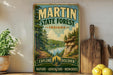 A vintage-style sign for Martin State Forest in Indiana, featuring a scenic landscape with a lake and forest, along with the words "Explore, Discover, Nature, Adventure, Memories".