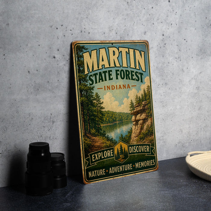 A vintage-style sign for Martin State Forest, Indiana, featuring a scenic landscape with a lake and forest.