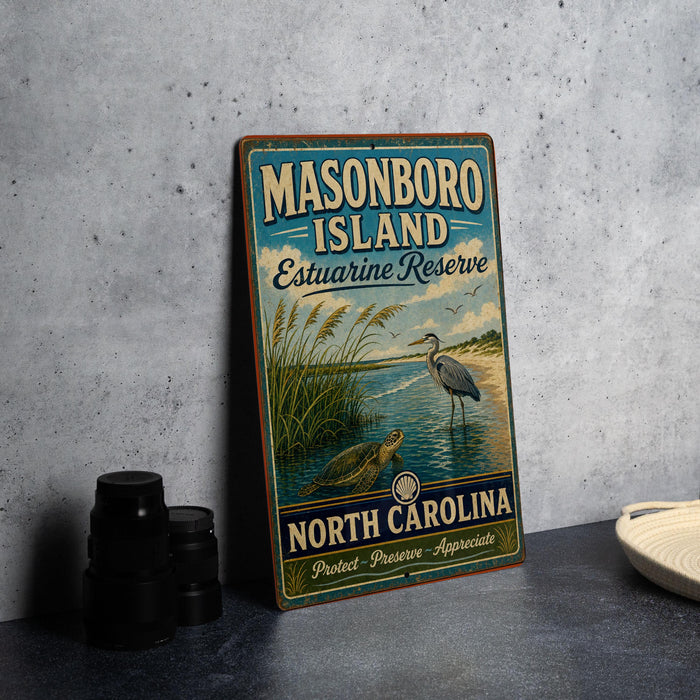 A vintage-style metal sign for Masonboro Island Estuarine Reserve in North Carolina, featuring an illustration of a bird and a turtle in a grassy area with water.