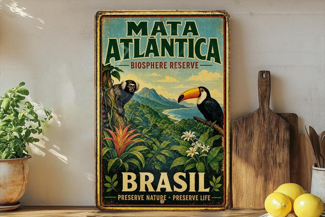 A vintage-style poster advertising the Mata Atlantica Biosphere Reserve in Brazil, featuring a toucan and lush tropical foliage.