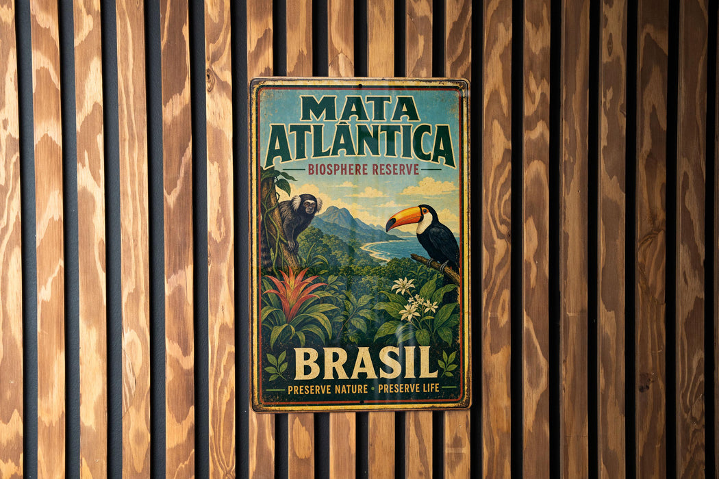 A vintage metal sign for the Mata Atlantica Biosphere Reserve in Brazil, featuring a toucan and lush tropical foliage.