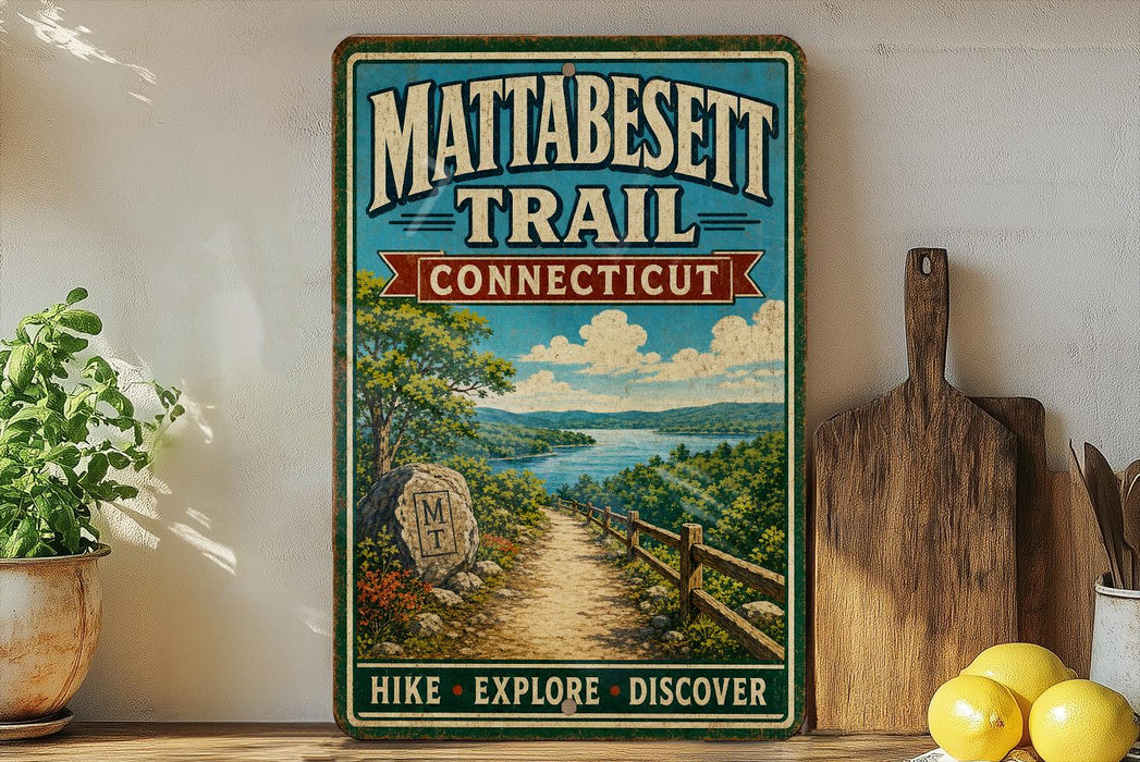A vintage-style metal sign for the Mattabesett Trail in Connecticut, featuring a scenic landscape with a path leading through a forest and a lake.