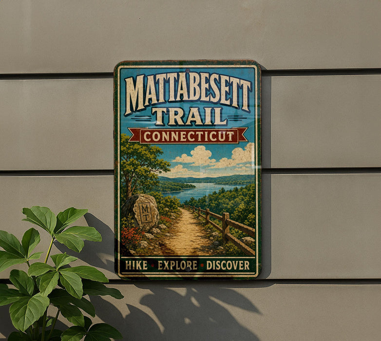 A vintage trail sign for the Mattabesett Trail in Connecticut, featuring a scenic landscape with a path, trees, and a lake.