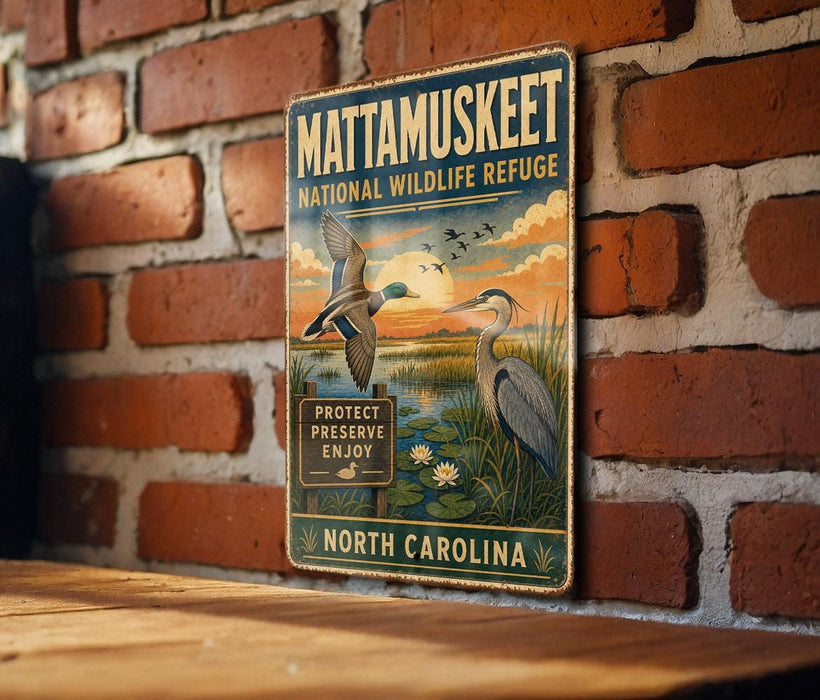 A vintage-style metal sign for the Mattamukkee National Wildlife Refuge in North Carolina, featuring an illustration of ducks and a sign that reads "Protect Preserve Enjoy".