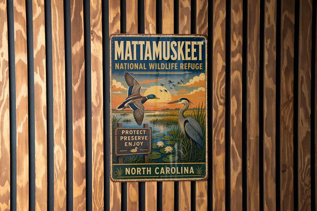 A vintage metal sign with a bird illustration and text, mounted on a wooden wall.
