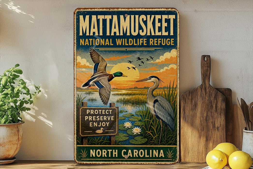 A vintage-style metal sign for the Mattamukkee National Wildlife Refuge in North Carolina, featuring a duck and a heron in a natural setting.