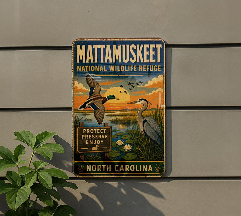 A vintage metal sign for Mattamukkee National Wildlife Refuge in North Carolina, featuring a serene landscape with ducks and a sunset.