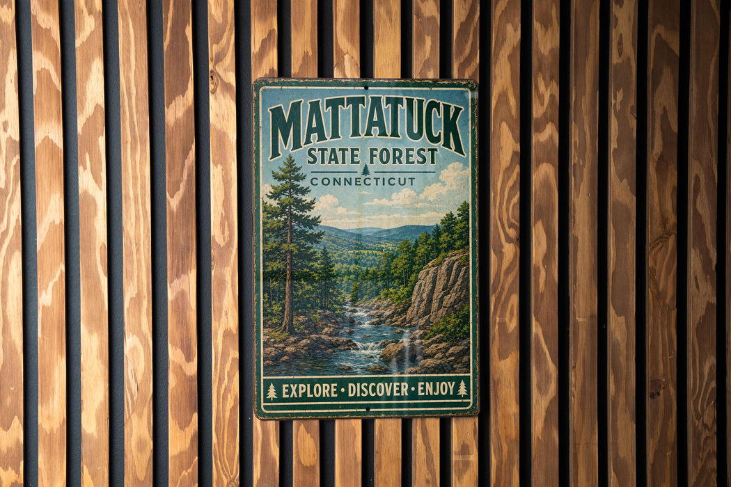 A vintage metal sign for Mattatuck State Forest in Connecticut, featuring a scenic illustration of a forest landscape with a river and mountains.
