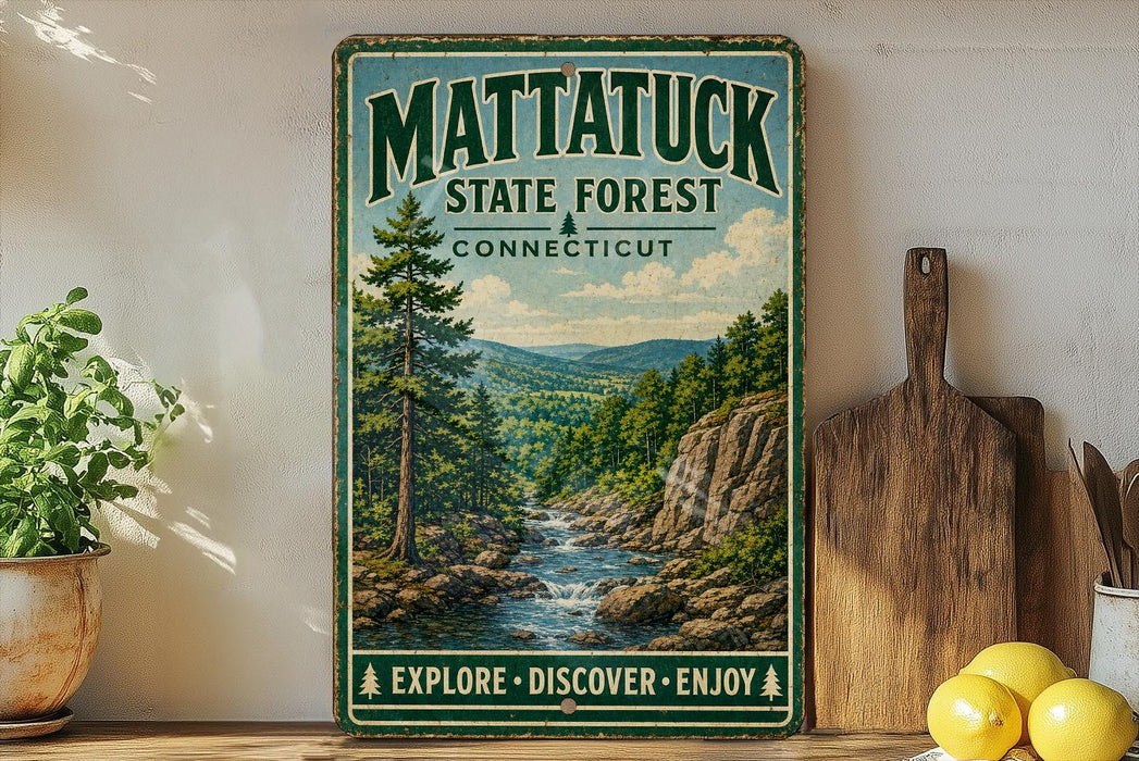 A vintage metal sign for Mattatuck State Forest in Connecticut, featuring a scenic landscape with a river and mountains.