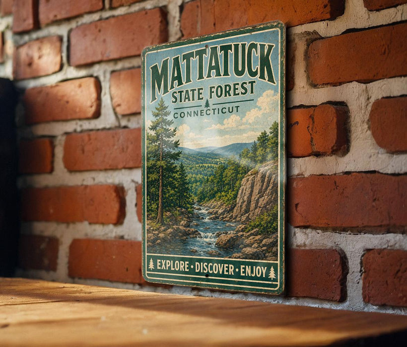 A vintage metal sign for Mattatuck State Forest in Connecticut, featuring a scenic landscape with a river and mountains.