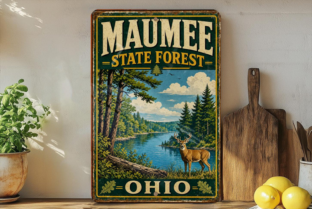 A vintage-style sign for the Maumee State Forest in Ohio, featuring a deer in a forest setting with a river and pine trees.
