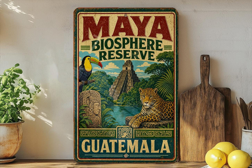 A vintage-style poster advertising the Maya Biosphere Reserve in Guatemala, featuring a toucan, a jaguar, and a pyramid surrounded by lush tropical foliage.
