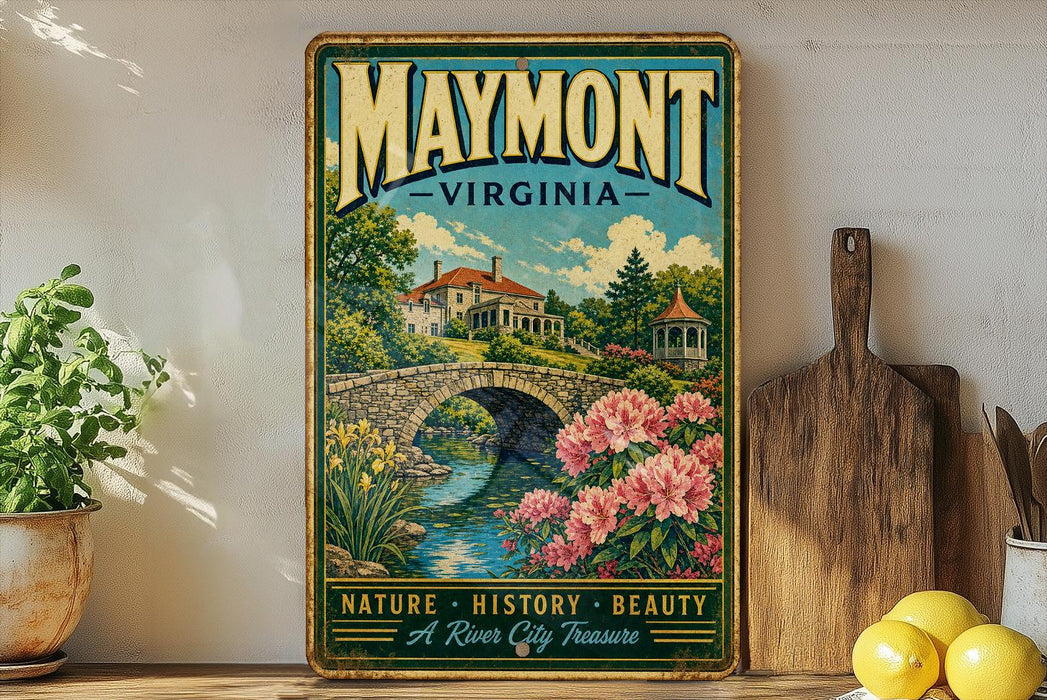 A vintage-style poster of Maymont, Virginia, featuring a scenic landscape with a bridge, flowers, and a house, displayed on a shelf next to a wooden cutting board and a potted plant.