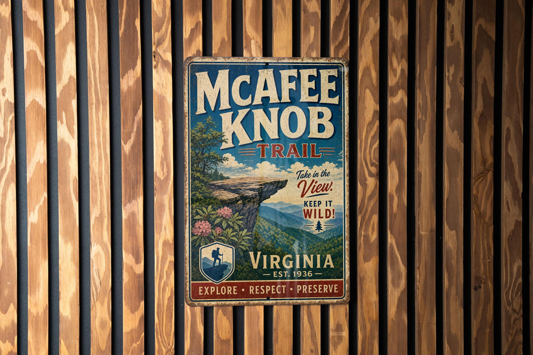 A vintage-style metal sign for the Mcafee Knob Trail in Virginia, featuring a scenic mountain landscape and encouraging visitors to "Take in the View, Keep it Wild!"