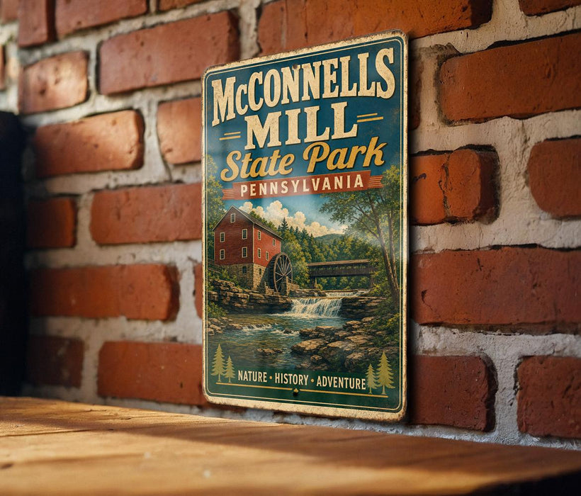 A vintage metal sign for Connells Mill State Park in Pennsylvania, featuring a red brick wall and a wooden table in the background.
