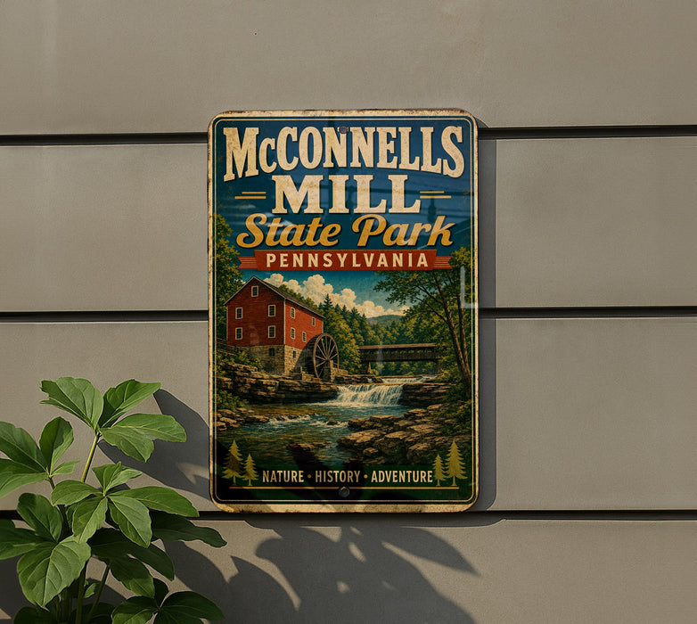 A vintage-style metal sign for McConnells Mill State Park in Pennsylvania, featuring a red brick building, a watermill, and a scenic landscape.