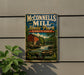 A vintage-style metal sign for McConnells Mill State Park in Pennsylvania, featuring a red brick building, a watermill, and a scenic landscape.