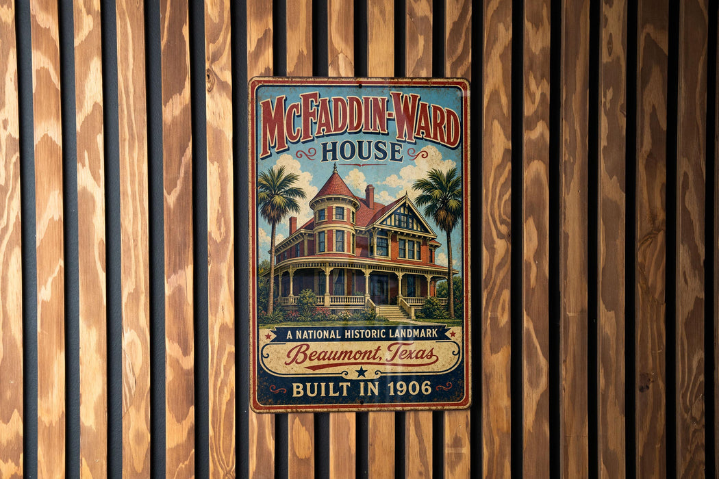 A vintage-style metal sign for the McFaddin-Ward House, a historic landmark in Beaumont, Texas, built in 1906.