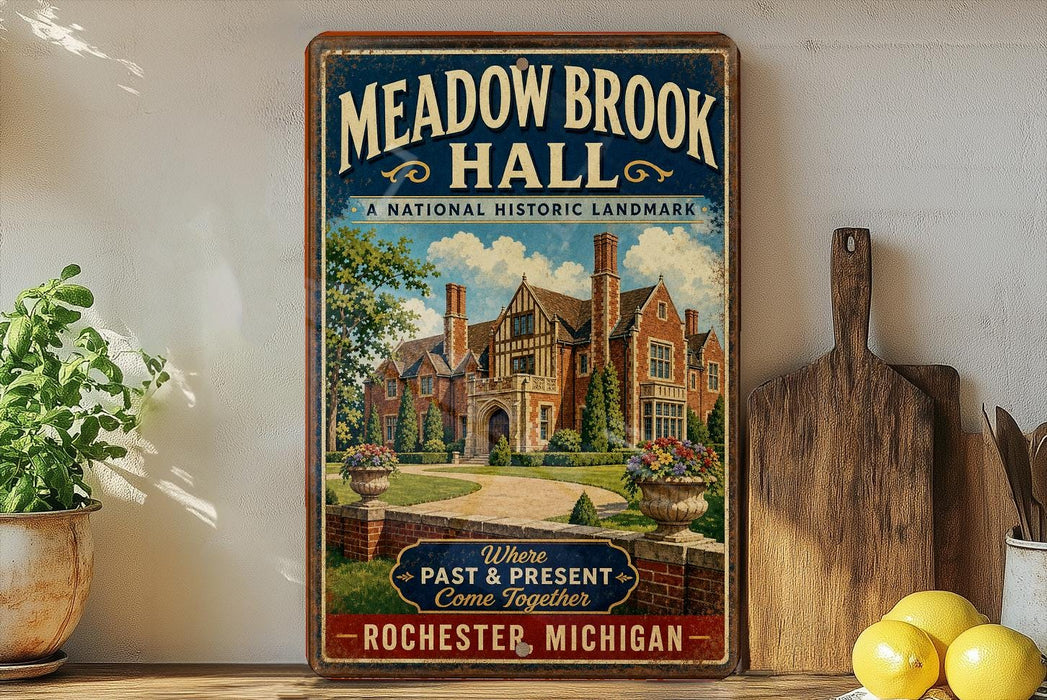 a vintage-style sign for Meadow Brook Hall, a historic landmark in Rochester, Michigan. The sign displays a large illustration of the building surrounded by trees and a path, with the text "Meadow Brook Hall" prominently featured.