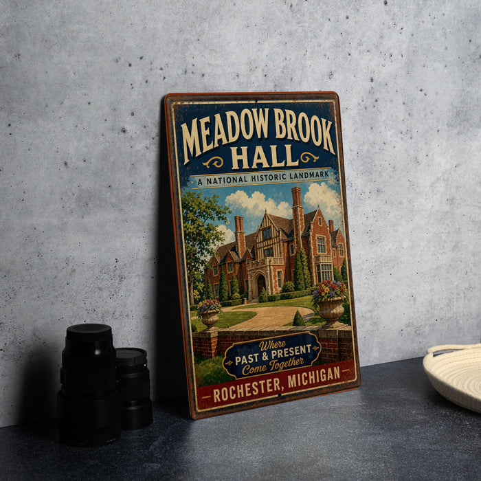 A vintage-style sign for Meadow Brook Hall, a historic landmark in Rochester, Michigan.