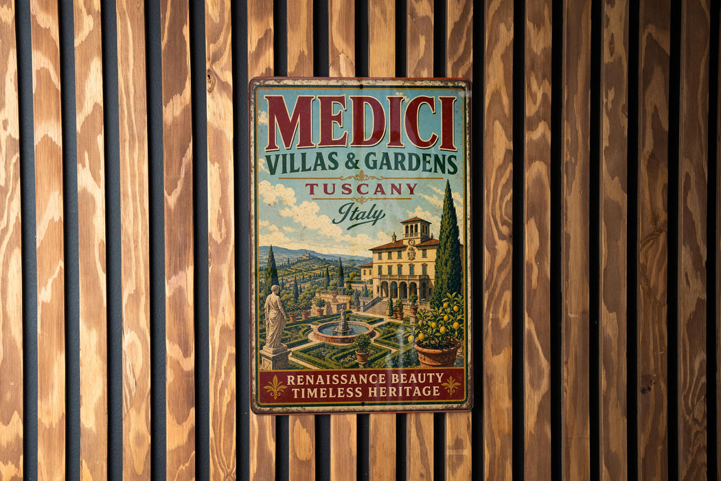 a vintage metal sign advertising "MEDICI VILLAS & GARDENS TUSCANY ITALY" with a scenic illustration of a garden and a building.