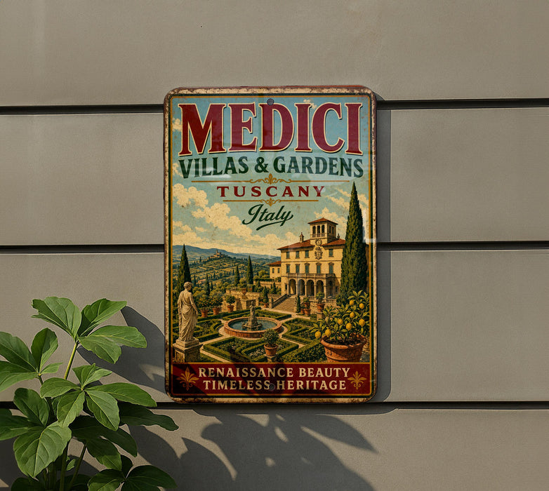 a vintage-style metal sign advertising "MEDICI VILLAS & GARDENS TUSCANY ITALY" with a classical building and garden design.